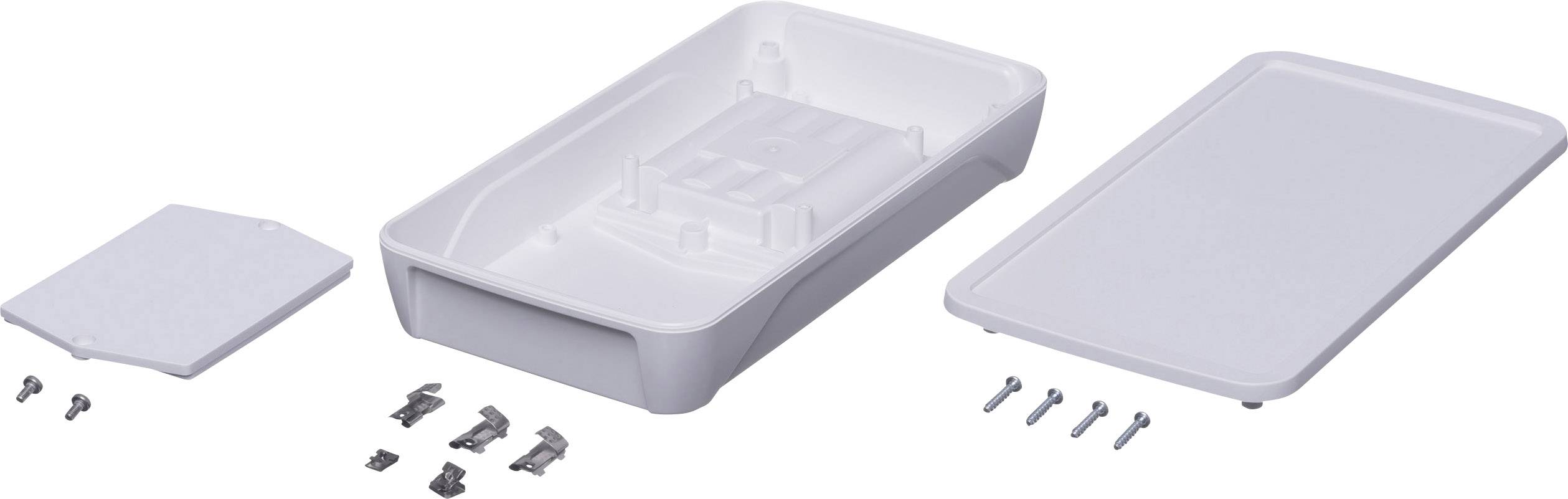 A white, rectangular enclosure in individual parts consisting of a lid, base, insert, and screws, set against a white background.
