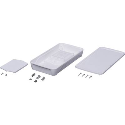 A white, rectangular enclosure in individual parts consisting of a lid, base, insert, and screws, set against a white background.