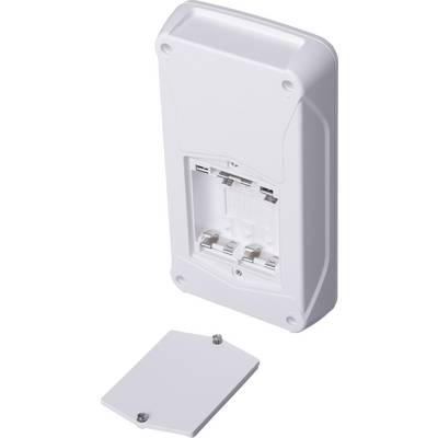 White battery-operated device, battery compartment open; cover beside it.