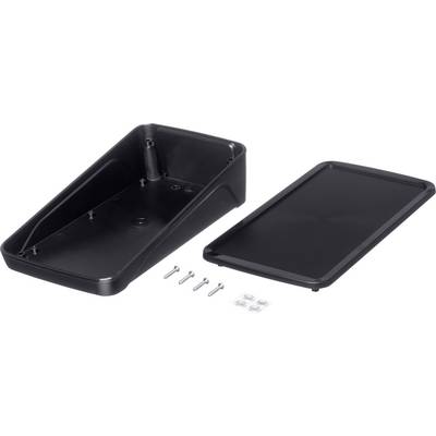 Black plastic cover with removable lid, four screws and four self-adhesive rubber feet.