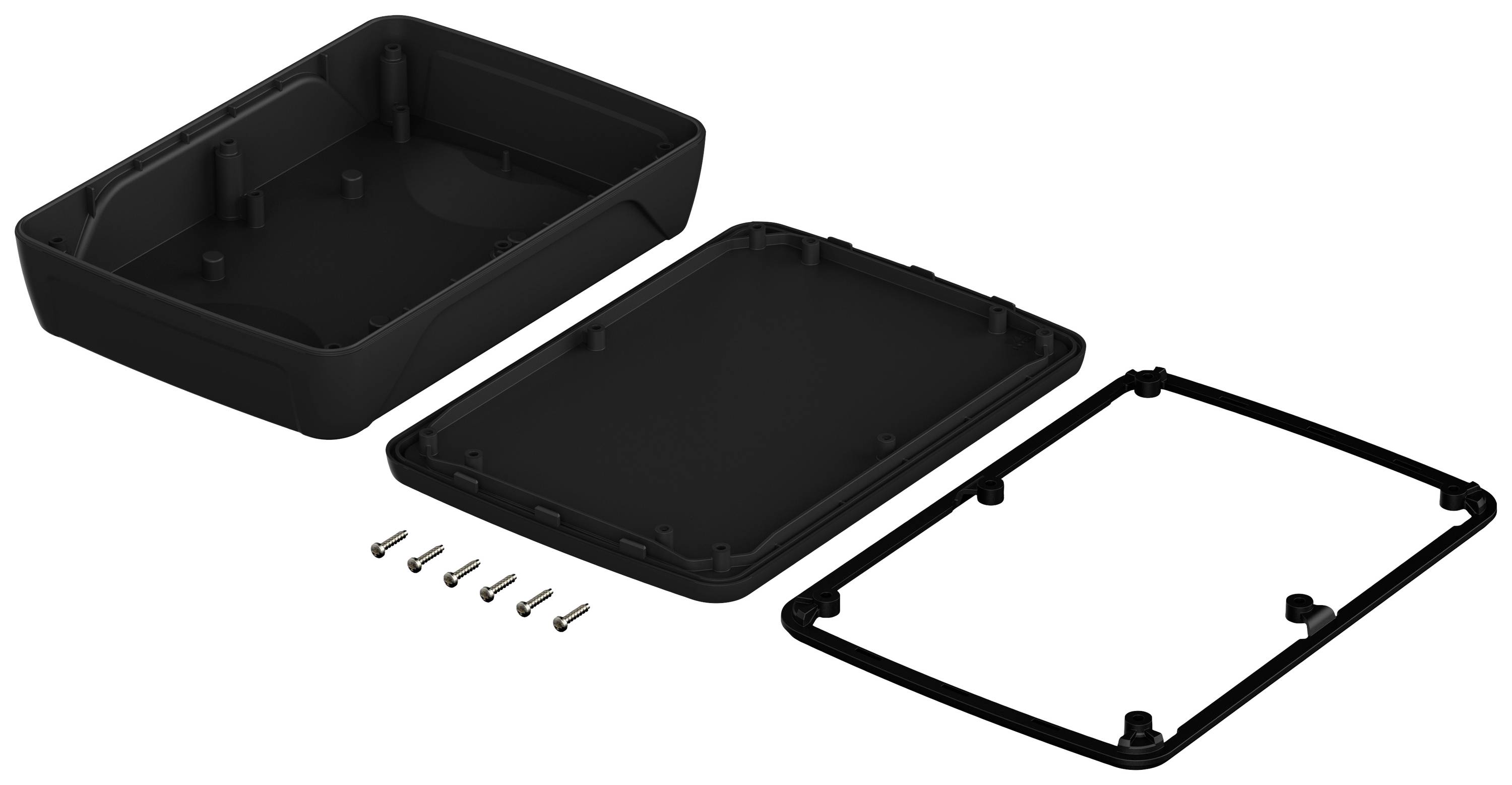 Image showing a black three-part enclosure with screws required for assembly.