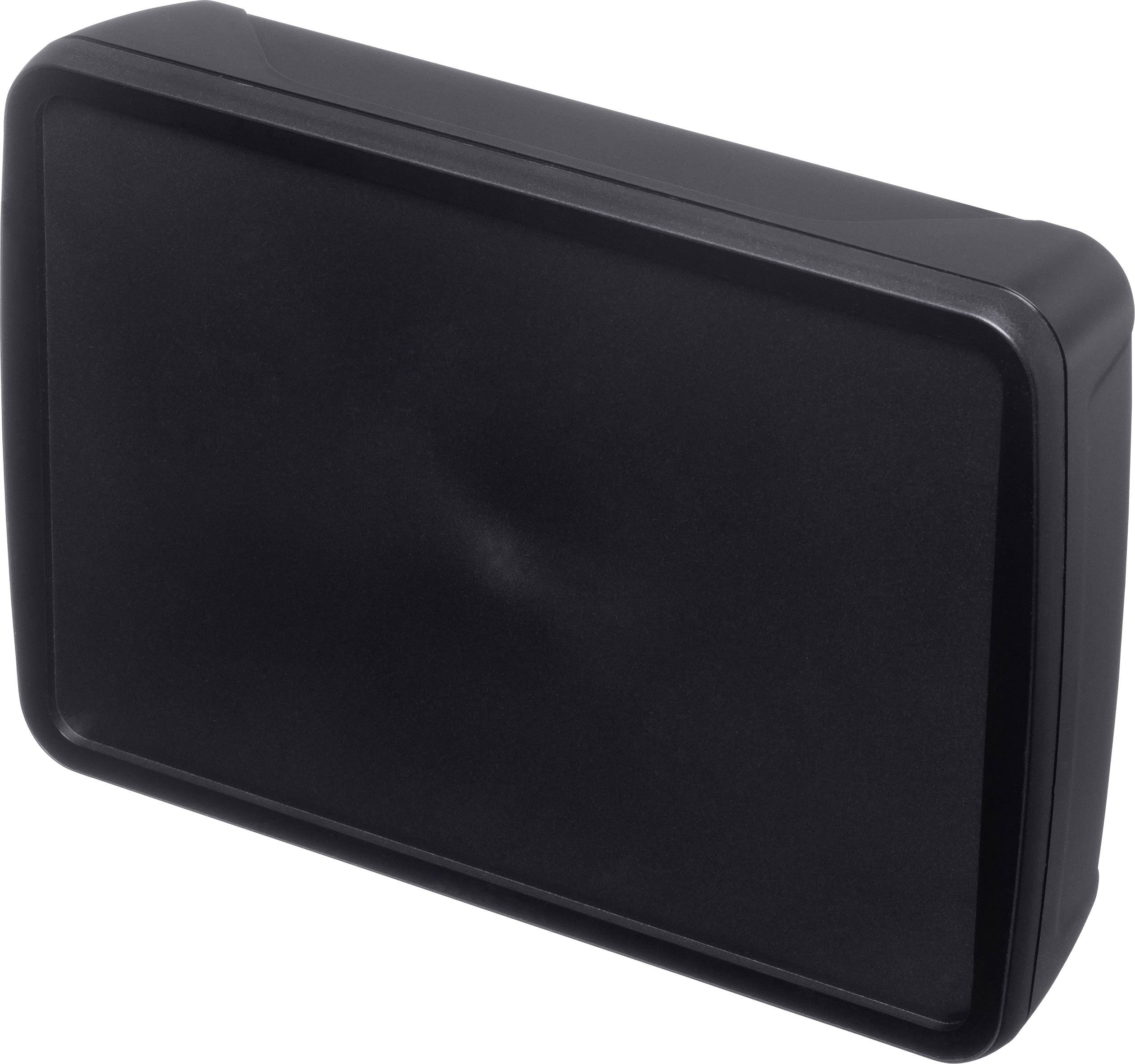 Black, rectangular plastic box, opaque and without visible markings or openings.