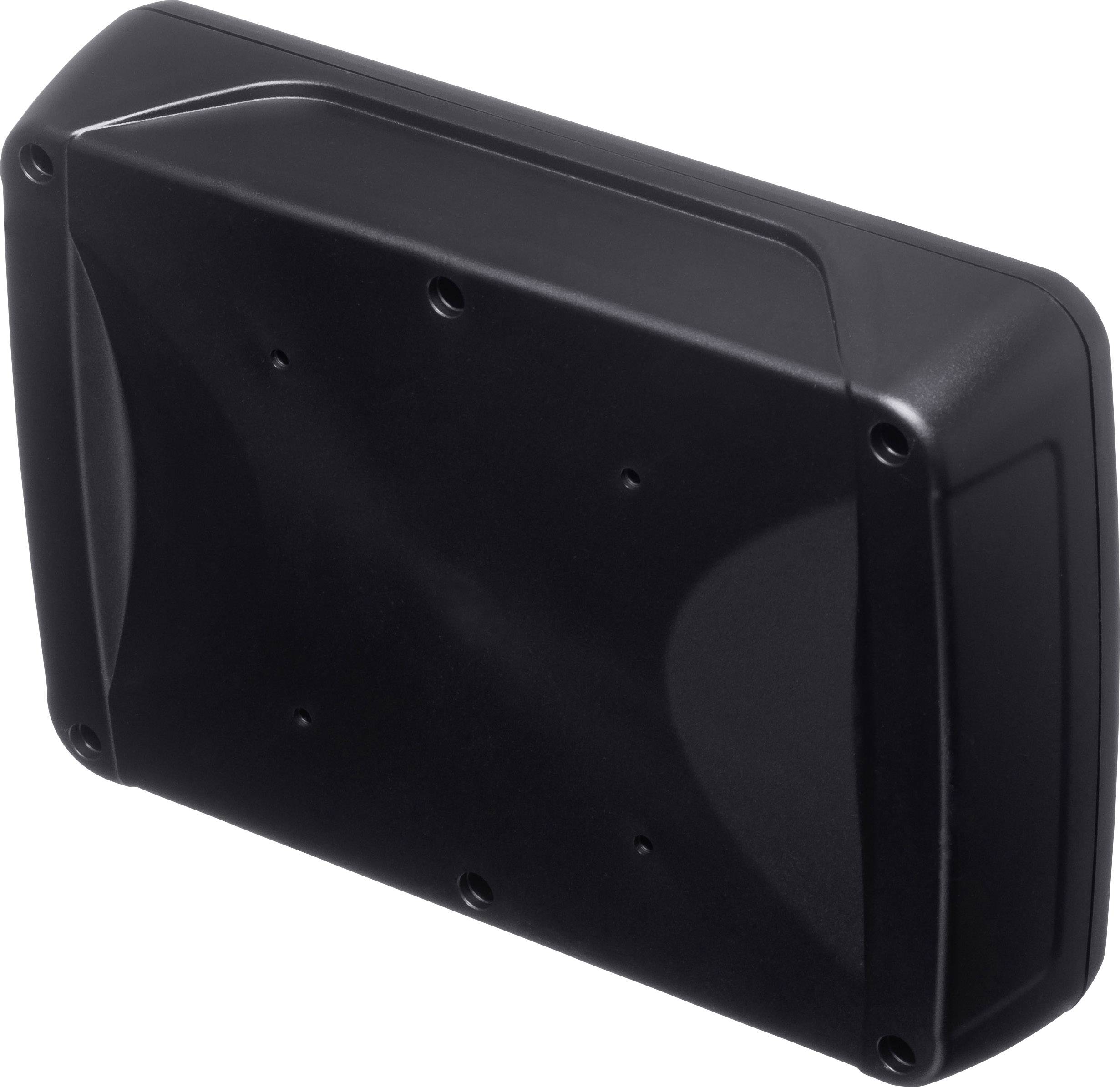 A black, rectangular plastic cover with rounded corners and screw holes, against a white background.