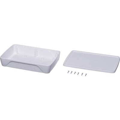 White plastic box with a removable lid, alongside six small screws.