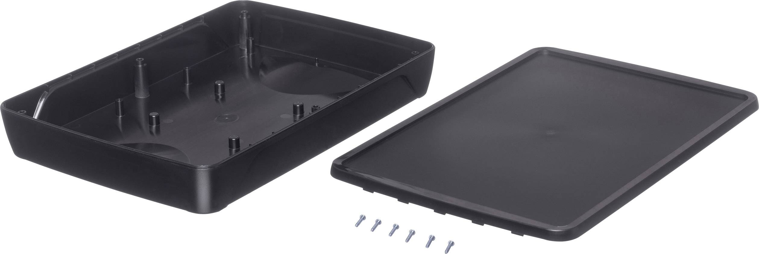 A black, rectangular plastic enclosure with a removable cover and eight small screws, suitable for electronic projects.