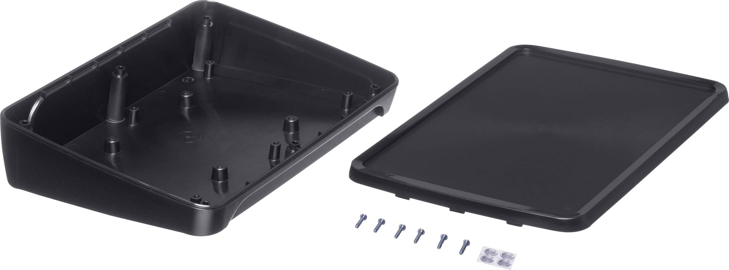 Black plastic case, opened and separated into two parts, with screws and small round spacers beside it. Suitable for electronic devices.