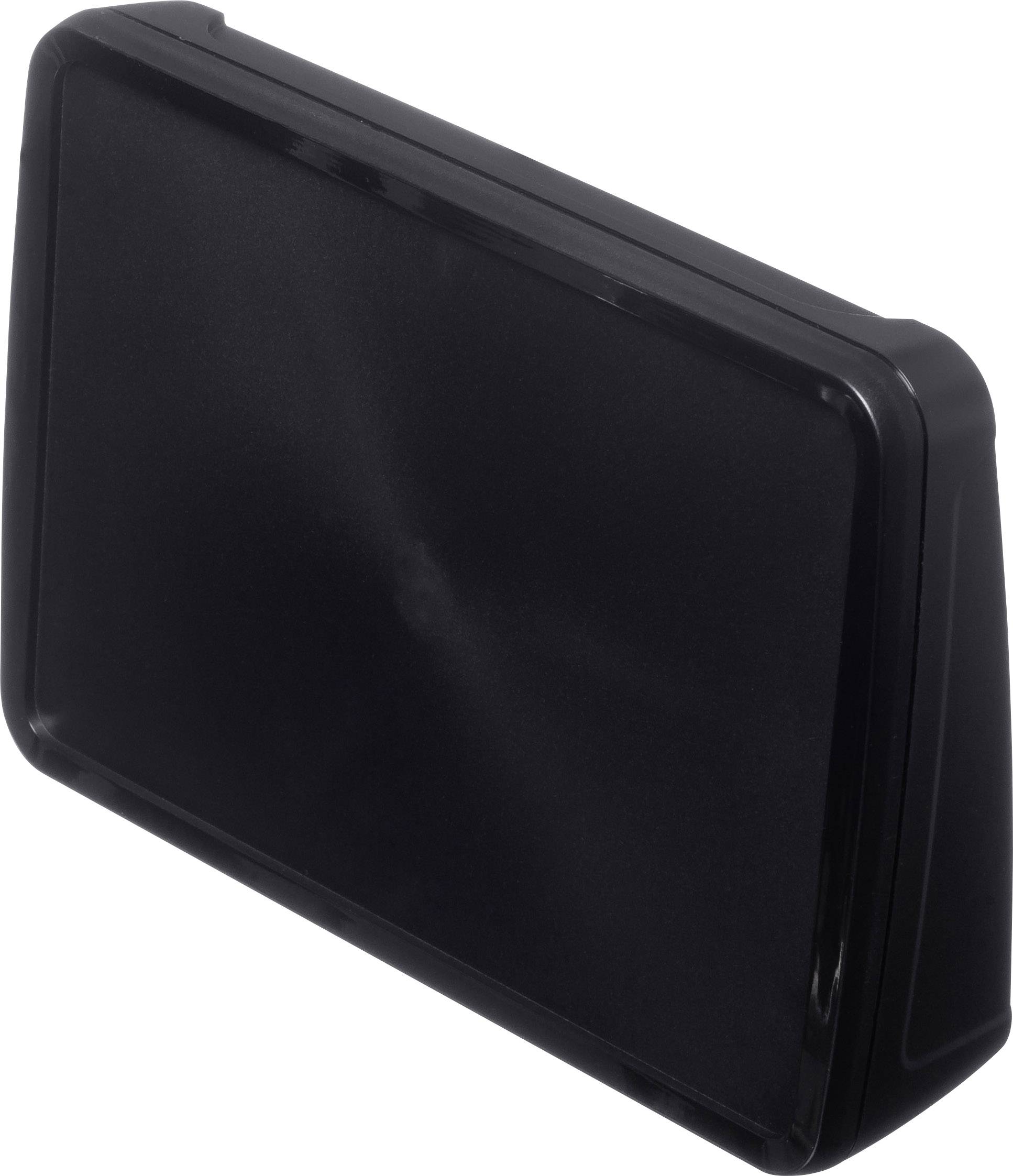 Black, rectangular plastic holder in an angled position.