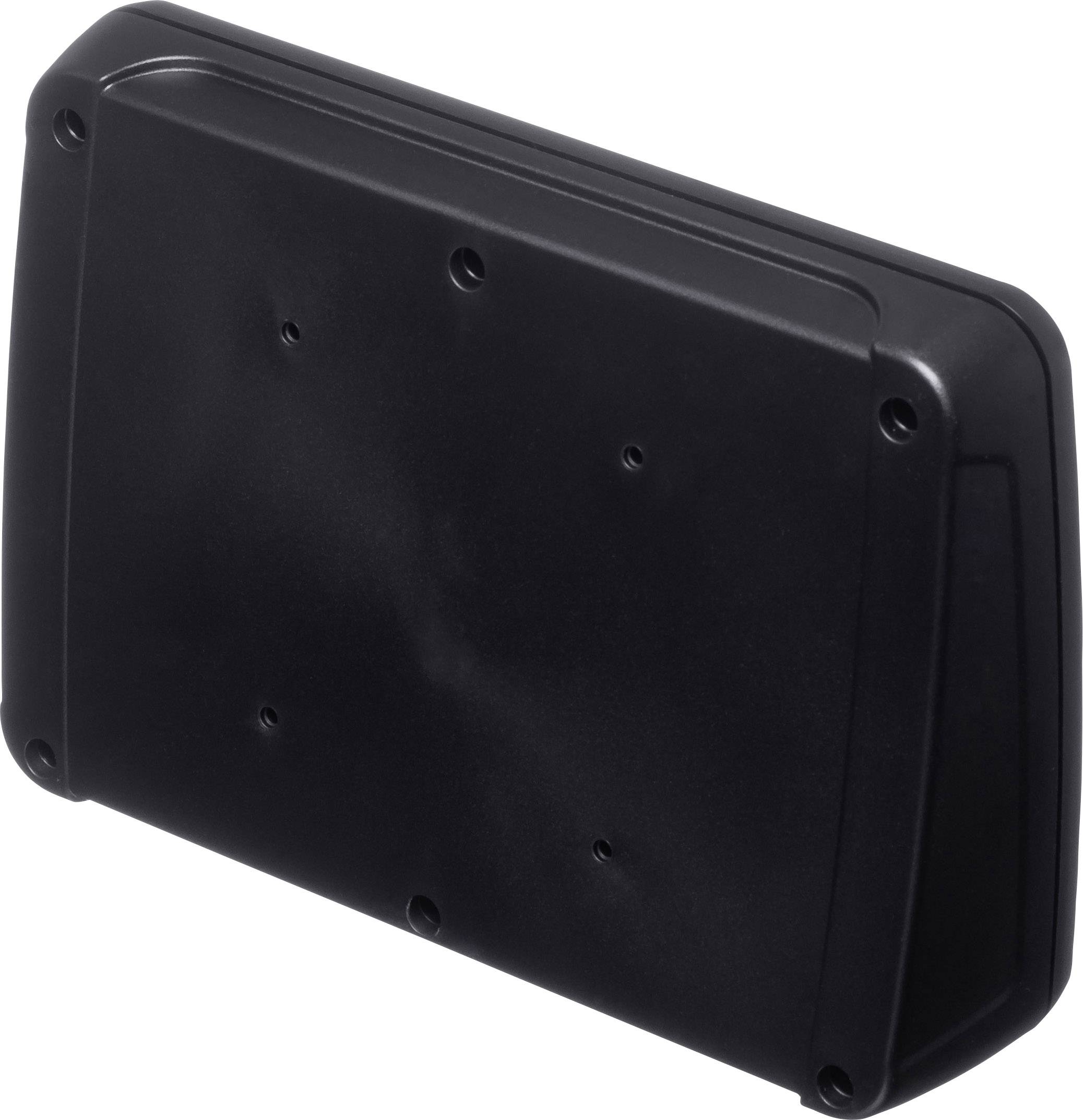 Black, rectangular plastic enclosure with rounded corners and six screw holes, possibly an electronics box.