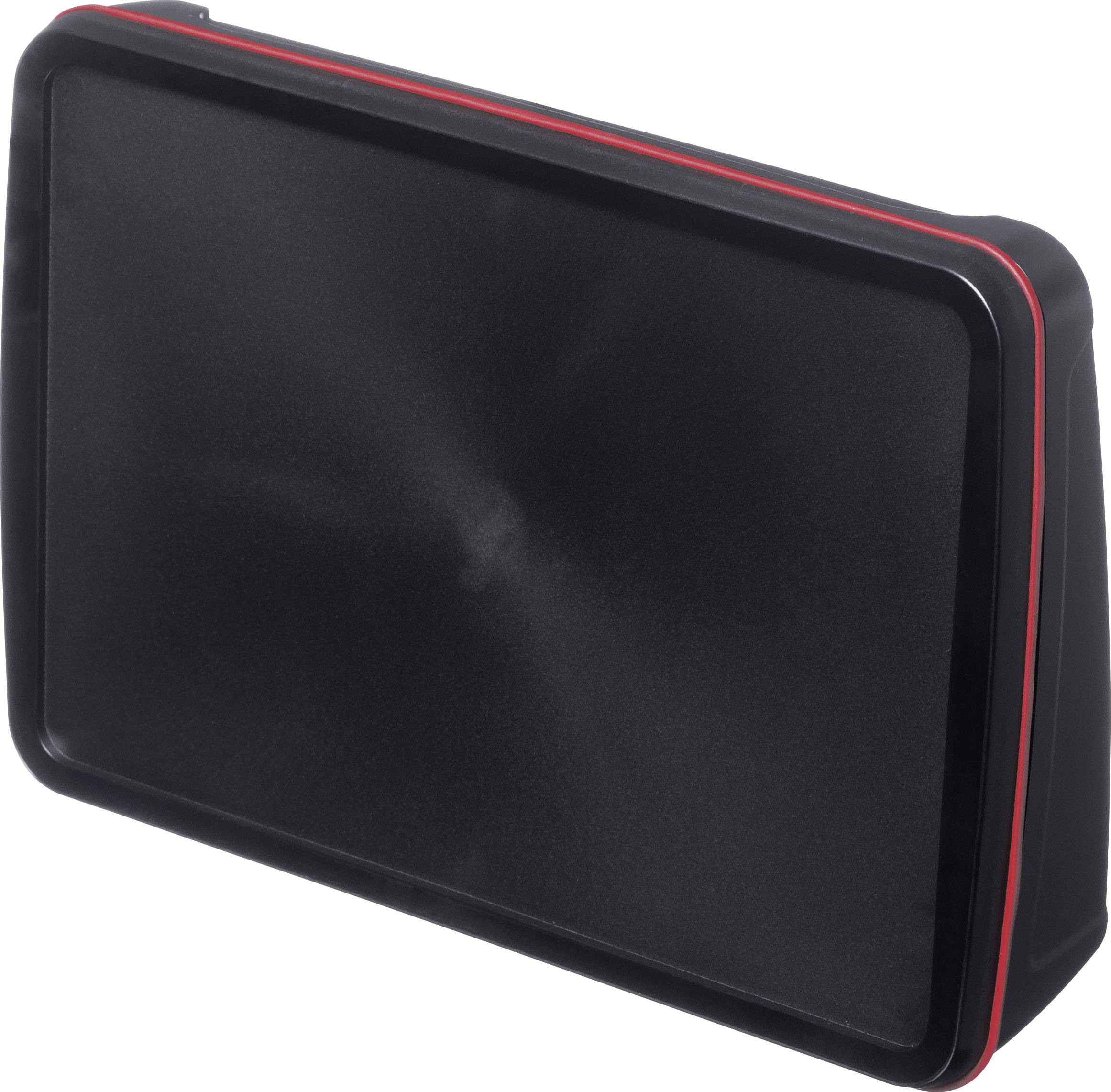A black rectangular tray with a raised red border, serving as a serving container or presentation surface.