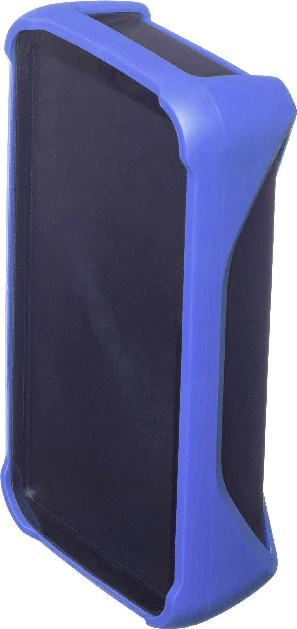 A portable device with a rectangular screen in a blue rubber protective case.