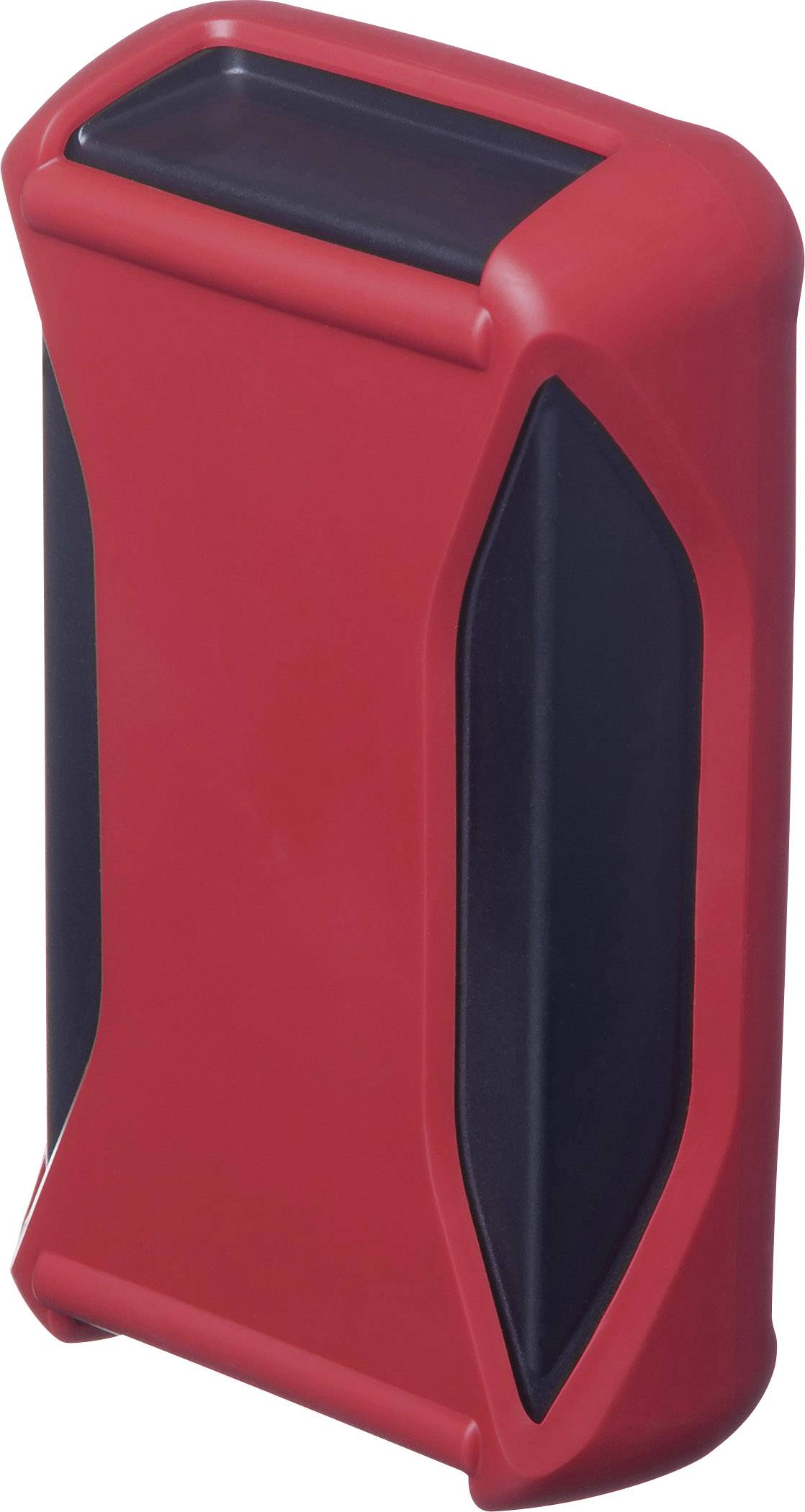 A red and black rectangular plastic device with rounded edges, possibly a case or holder.