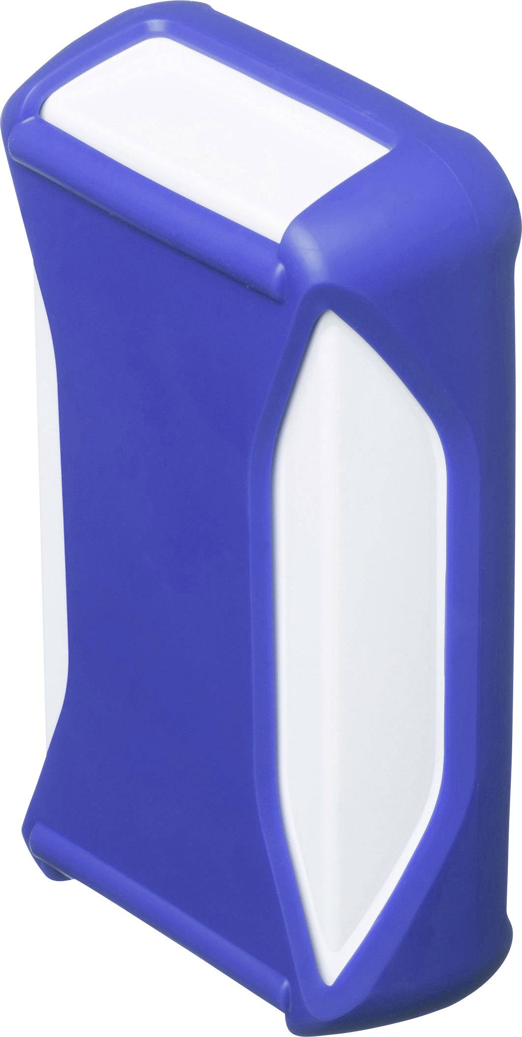 Blue plastic suitcase with white handle and side panels.