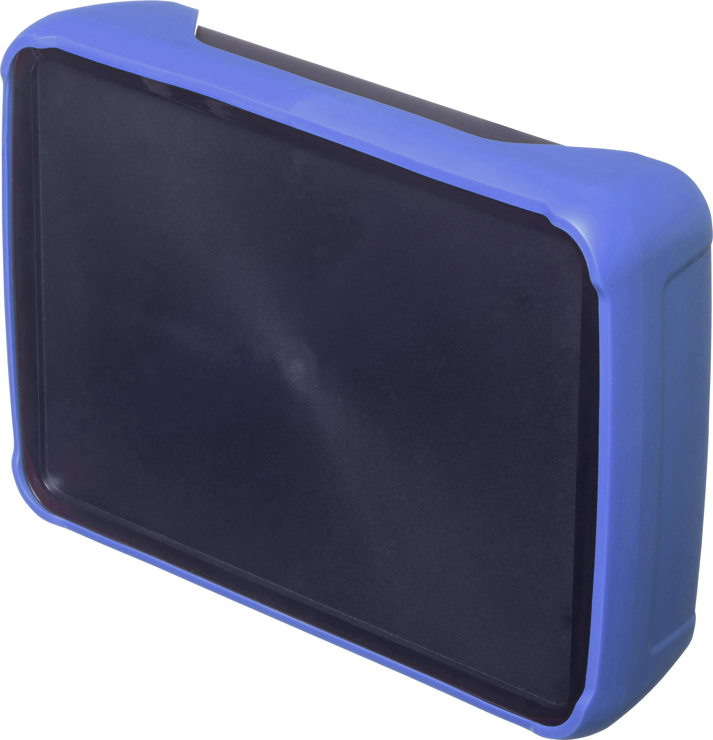A rectangular, black tablet in a blue protective case with rounded corners, resting on a neutral surface.