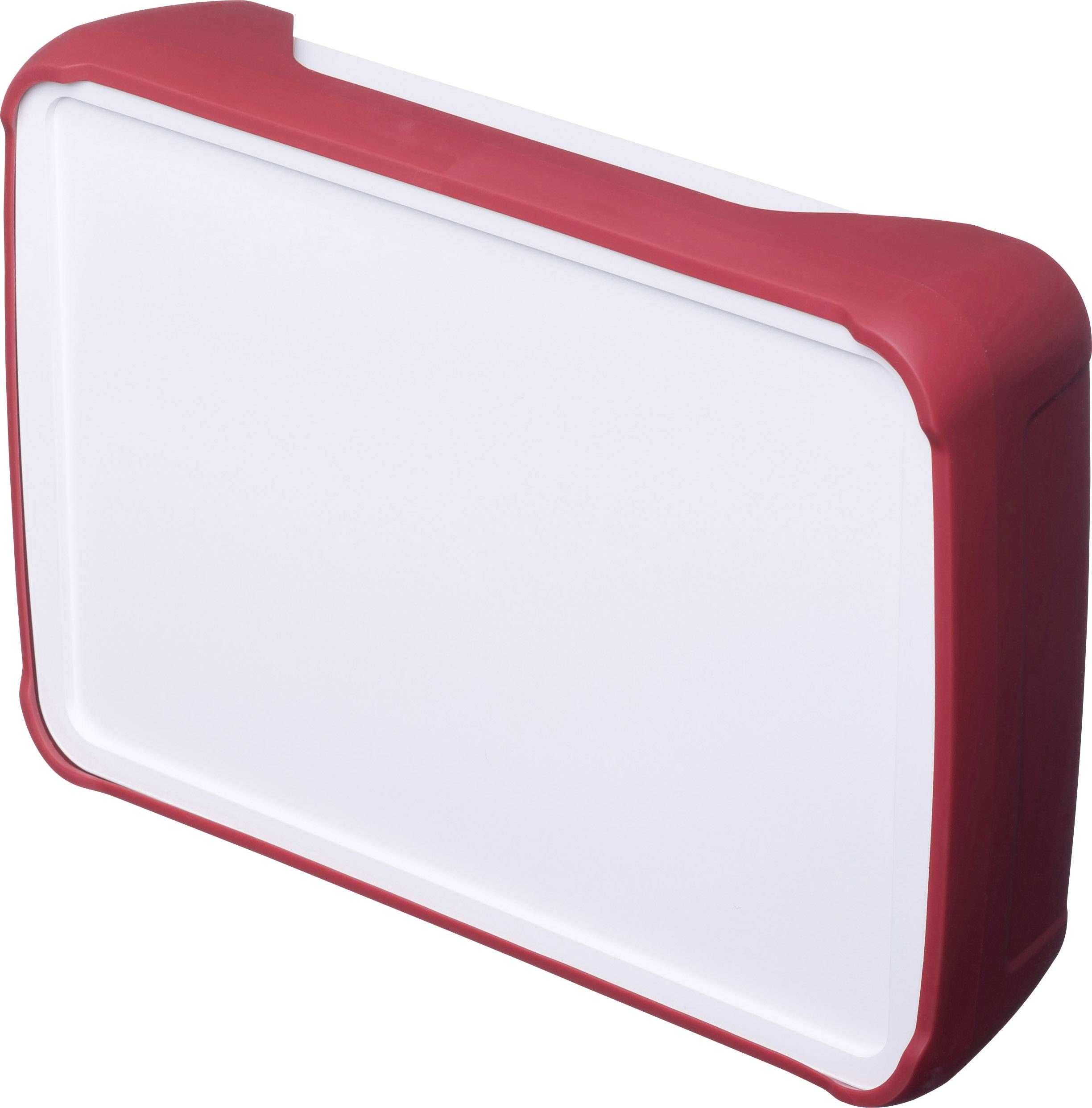 A rectangular, white container with red corners, which could potentially be used as a storage box or kitchen utensil.