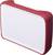 A rectangular, white container with red corners, which could potentially be used as a storage box or kitchen utensil.
