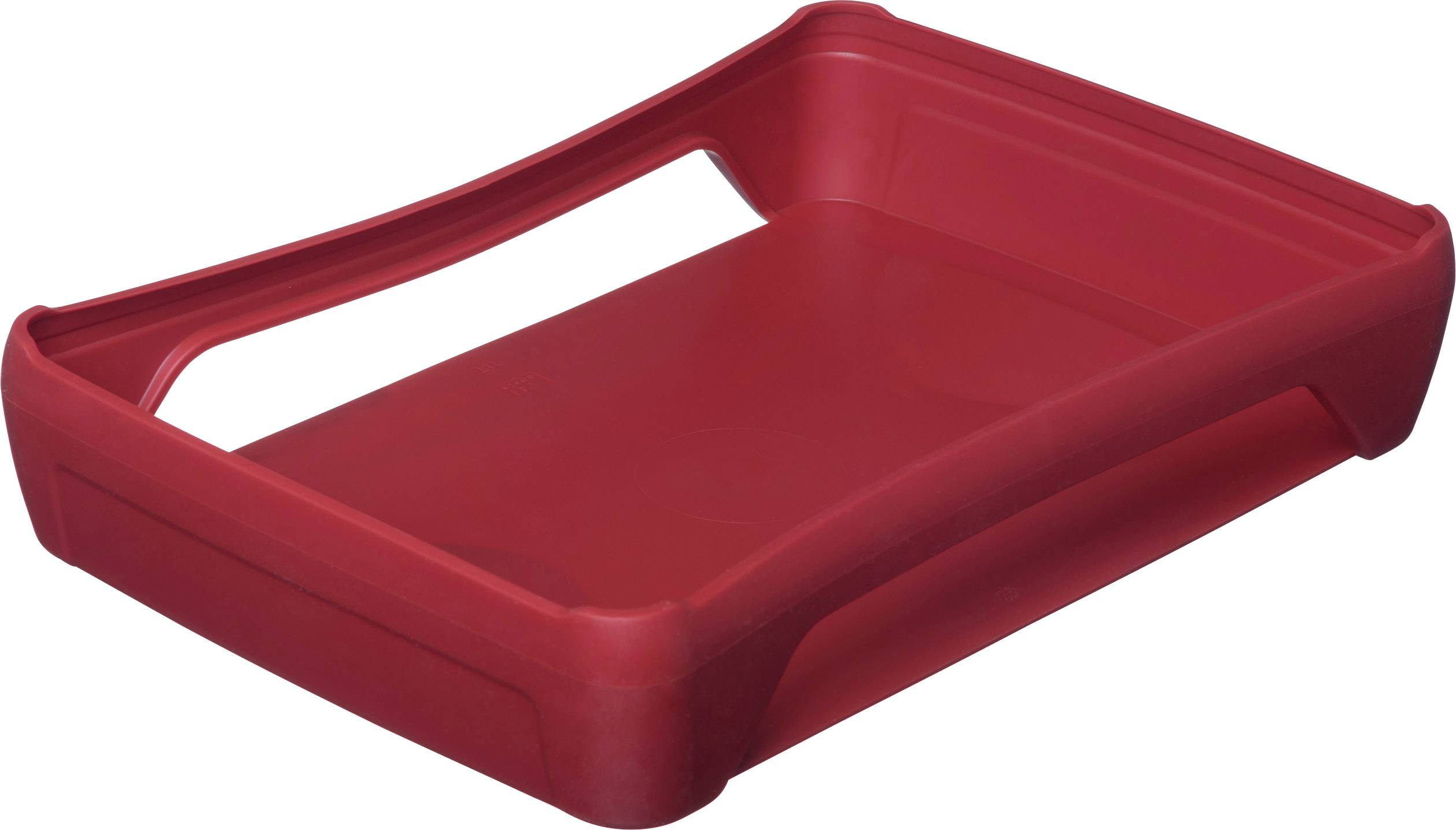 Red plastic tray with raised edges and open handles on both sides.
