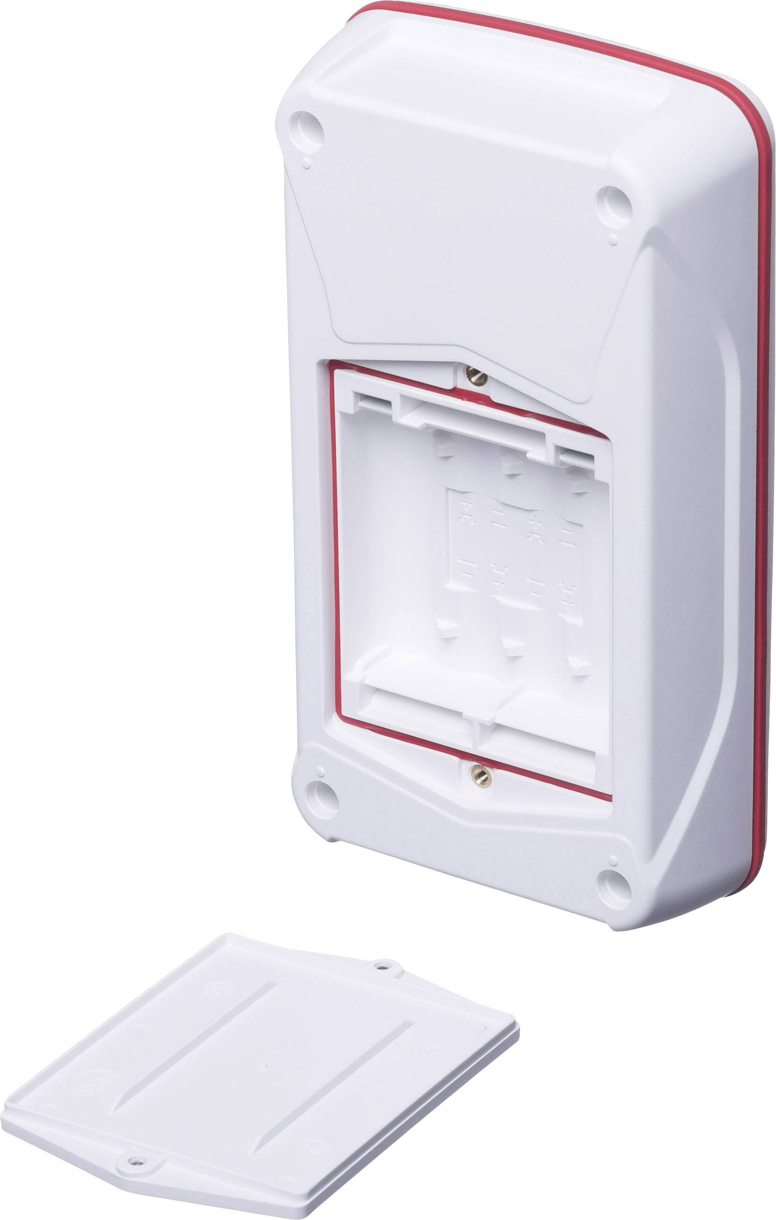 White plastic wall mount with red border, rectangular, without cover. The cover is separately placed underneath.