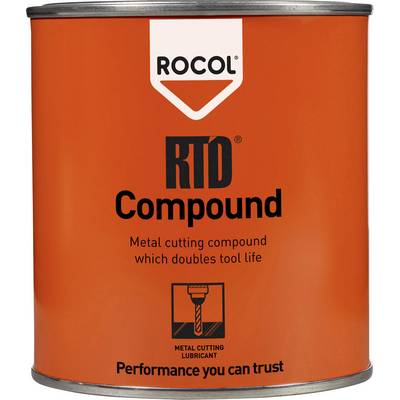 The image shows a red tin of ROCOL RTD Compound, a metal cutting fluid designed to extend tool life.