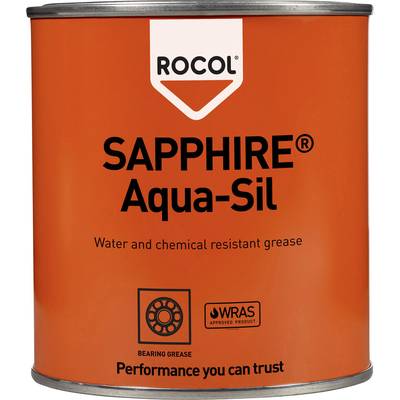 An orange tin of lubricating grease by 'ROCOL', product name 'SAPPHIRE Aqua-Sil', water and chemical resistant, with quality seals.
