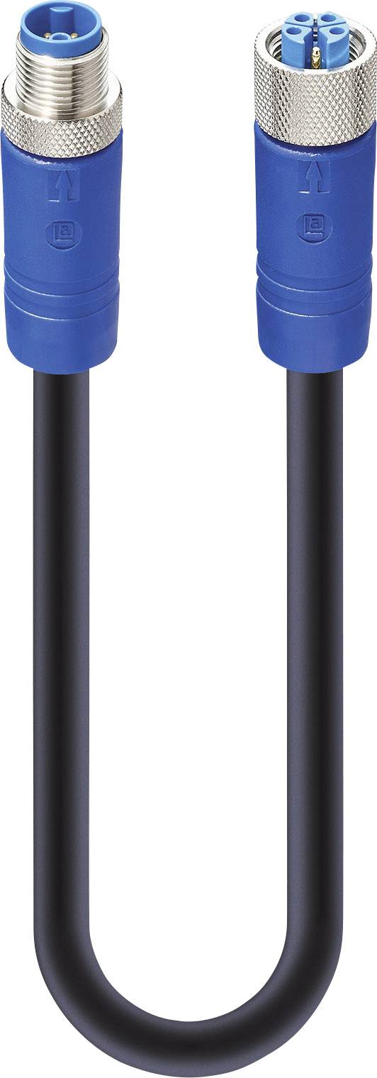 A black cable with blue plugs at both ends.