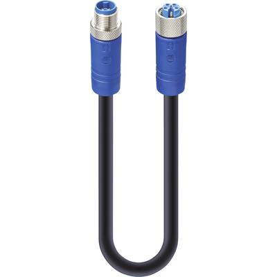 A black cable with blue plugs at both ends.