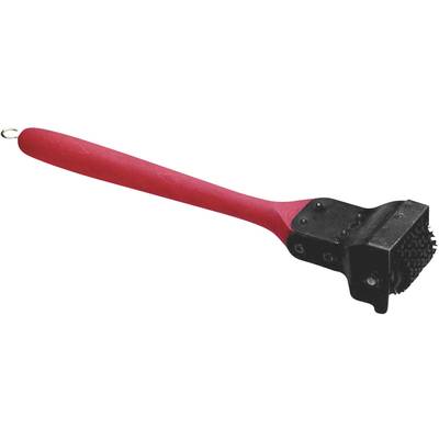 Brush with a red handle and black bristles for cleaning grills.