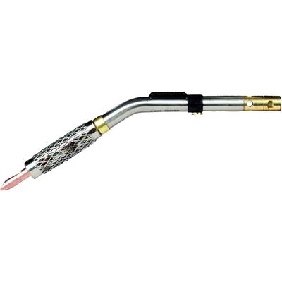 A Bunsen burner with a metallic handle, slightly curved neck and a gas-feeding nozzle at one end.
