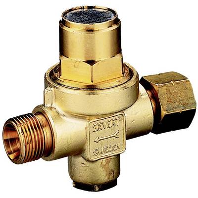 Brass-coloured valve with 'Sievert Sweden' inscription and indicated flow direction, suitable for gas regulation and piping systems.