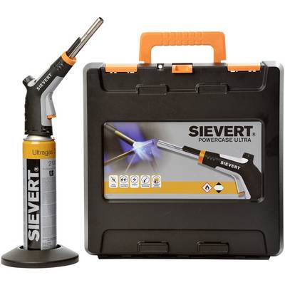 Soldering torch by Sievert next to a black case with an orange handle. Sticker displays a flame and safety symbols.