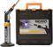 Soldering torch by Sievert next to a black case with an orange handle. Sticker displays a flame and safety symbols.