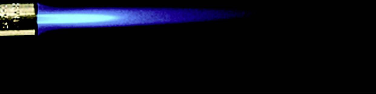 A blue flame streams from a nozzle and shines brightly against a black background, indicating its suitability as a burner.