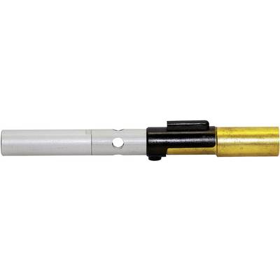 A lightsaber handle in a classic design, lacquered in white, black and gold, with a hole in the middle white section.