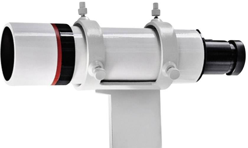 A white telescope with a red ring, mounted on a stand. Ideal for stargazing and astronomical studies.