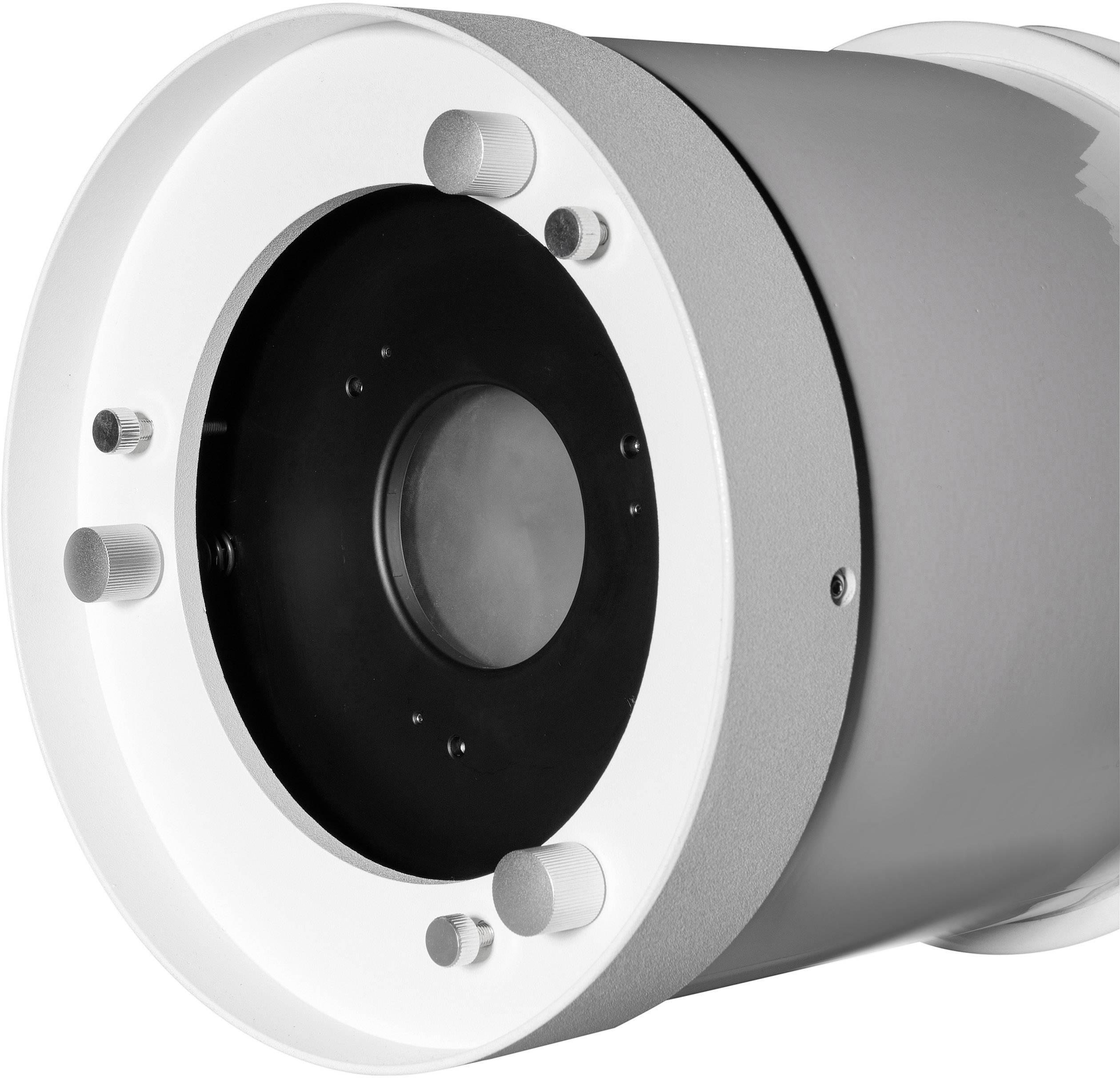 Grey cylindrical device with a central lens and several round buttons along the white edge, presumably a camera.