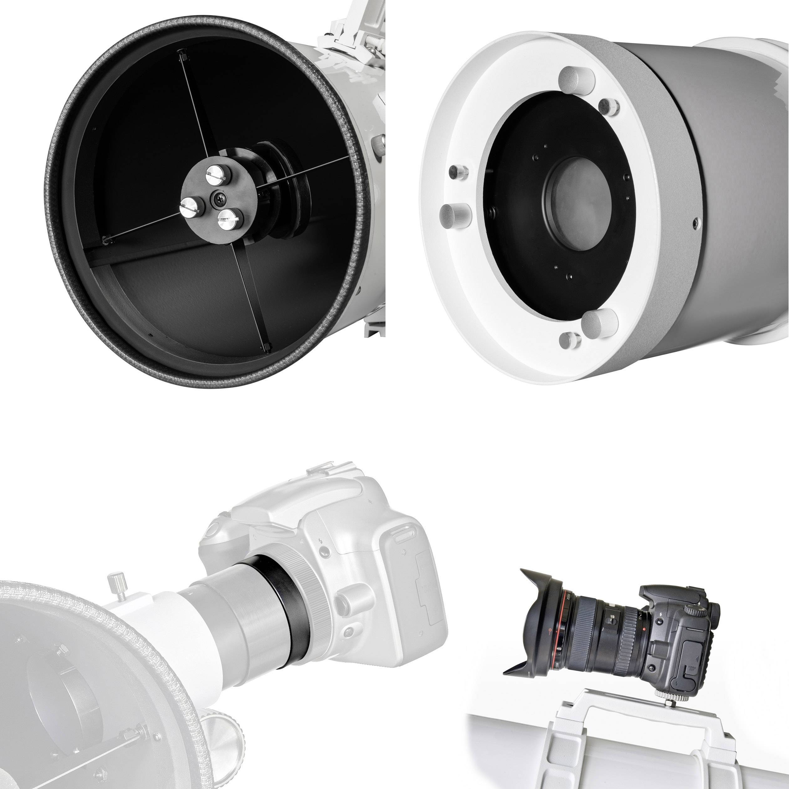 The image shows different views of camera lenses and a single-lens reflex (SLR) camera. Technical details are visible.