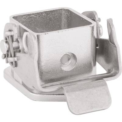 Metal bracket with a square aperture, fixing elements, and L-shaped tab, suitable for mounting applications.