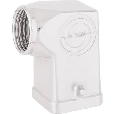 A silver metal angle plug with 'contact' printed on the top surface; connection structure visible.