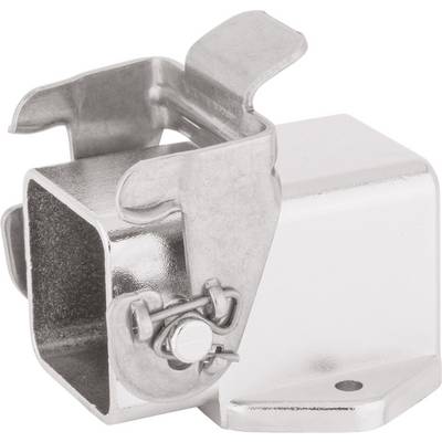 Metallic mounting bracket, square-shaped, with adjustable clamps and a fixed base, against a white background.