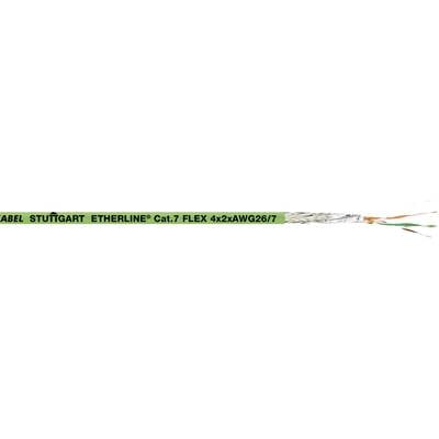 Green cable with text 'LAPP KABEL STUTTGART ETHERLINE® Cat.7 FLEX 4x2xAWG26/7'. Cross-section shows four twisted cores in silver, orange, and green-white.