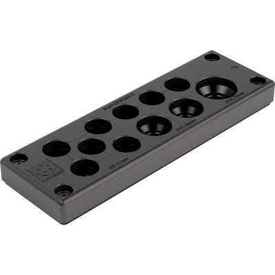 A black tool with holes of varying sizes for storing or holding round objects.