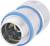 Metallic cylindrical plug with a blue sealing ring, suitable for electrical connections, isolated on a white background.