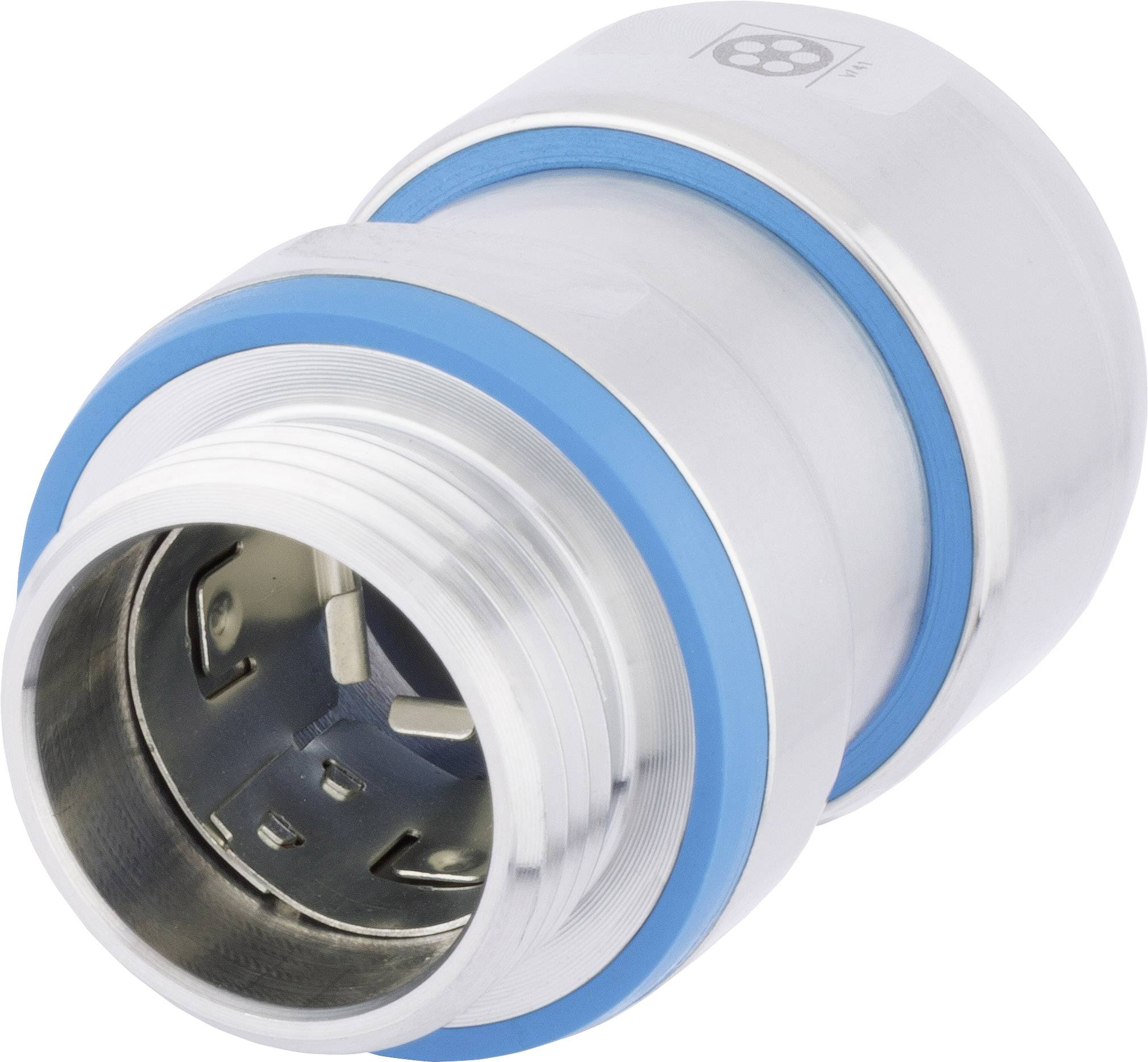 Metal push-fit connector with blue seal, cylindrical shape and threading. Used in industrial applications for secure connections.