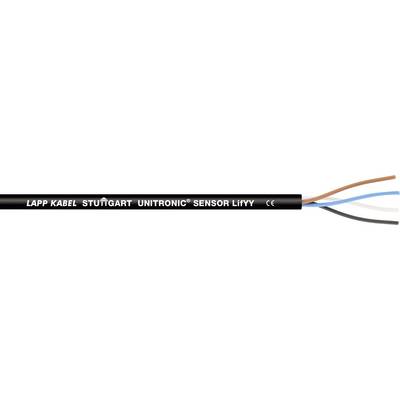 Black cable with the inscription 'LAPP KABEL STUTTGART UNITRONIC SENSOR LIYY'. Multicoloured wire ends protrude.