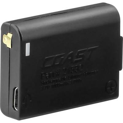 Black, rectangular battery with gold connectors and USB input. 'COAST' label and technical specifications visible.