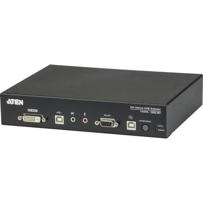 A black DVI Optical KVM Extender from ATEN with various connection options and indicator lights on the front panel.