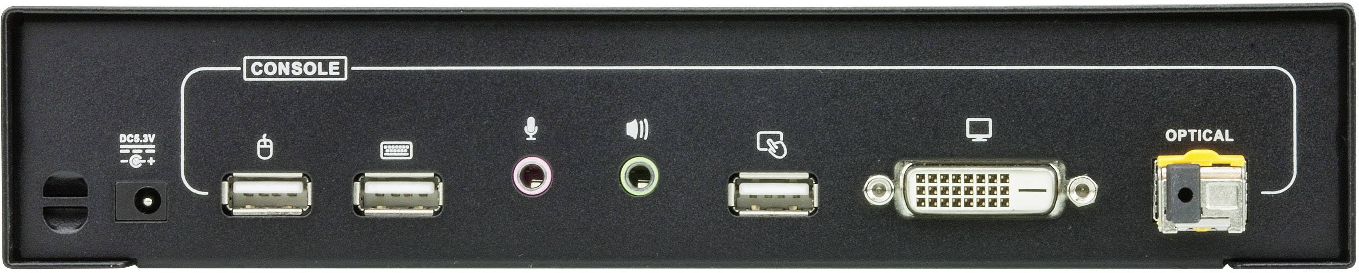 Back of a computer device with multiple connection types: USB, network, audio, digital video, and optical interfaces.