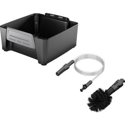 A black holder with 'PUSH' inscription, a flexible hose with spray nozzle and a brush for cleaning motor vehicles.