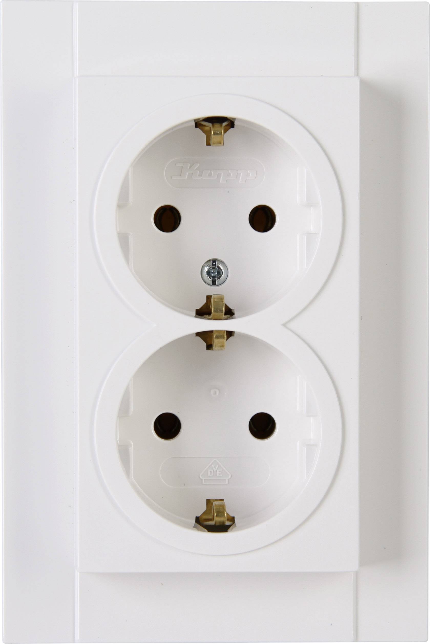 Double white multi-socket extension lead, mounted vertically on a wall.