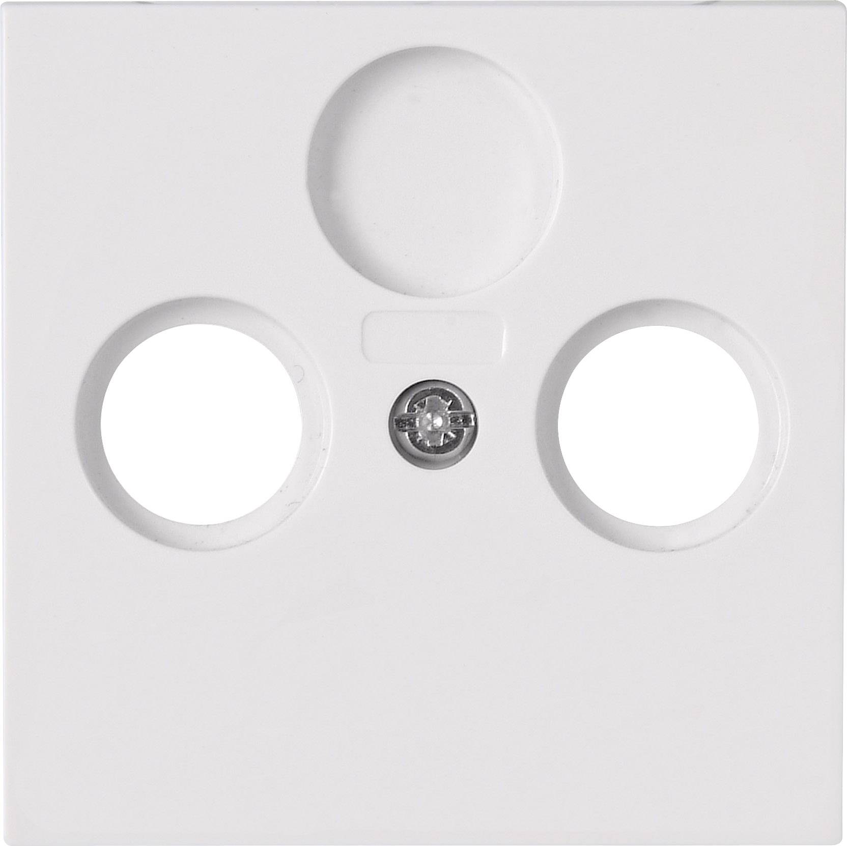 White, square plastic plate with three round cutouts and a small screw in the centre.