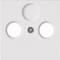 White, square plastic plate with three round cutouts and a small screw in the centre.
